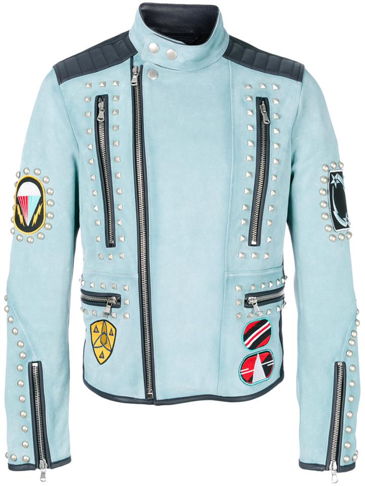 Diesel Black Gold Studded Patch-appliquéd Biker Jacket - Blue