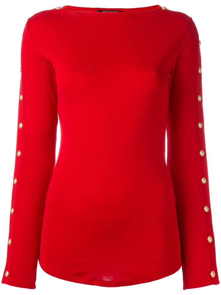 Balmain - Button Sleeve Pullover - Women - Cotton - 40, Women's, Red, Cotton