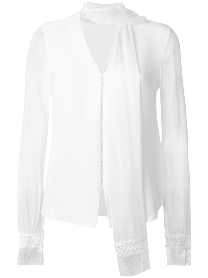 Jonathan Simkhai Fringe V-neck Scarf Blouse, Women's, Size: Small, White, Silk/cotton/viscose/polyamide