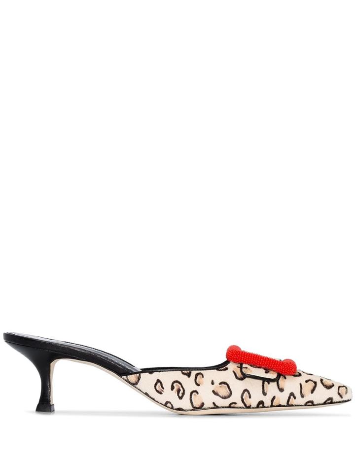 Manolo Blahnik Mafrisa Leopard Print Beaded Mules - Red