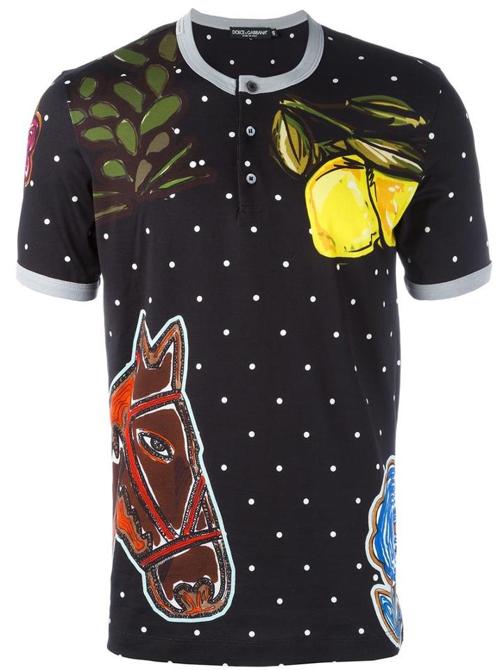 Dolce & Gabbana Printed Henley Top, Men's, Size: 44, Black, Cotton