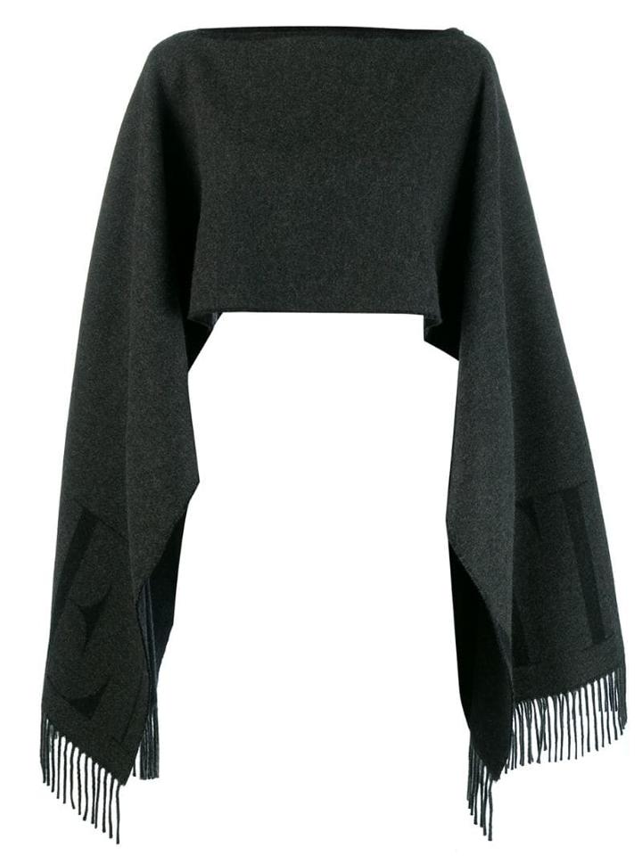Valentino Logo Fringed Poncho - Grey