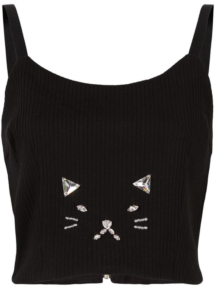 Tu Es Mon Trésor Cat Embellished Ribbed Top - Black