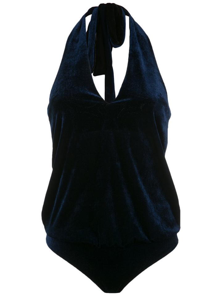 Adriana Degreas - Velvet Halterneck Bodysuit - Women - Polyester/spandex/elastane - P, Blue, Polyester/spandex/elastane