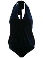 Adriana Degreas - Velvet Halterneck Bodysuit - Women - Polyester/spandex/elastane - P, Blue, Polyester/spandex/elastane