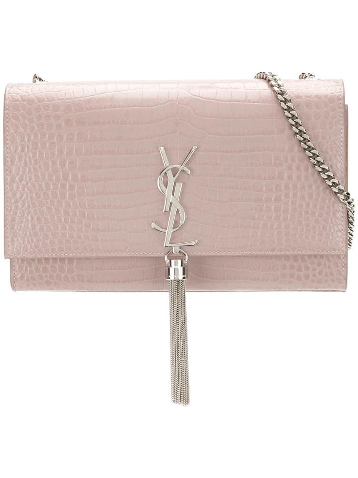 Saint Laurent Crocodile Embossed Kate Tassel Clutch Bag - Nude &