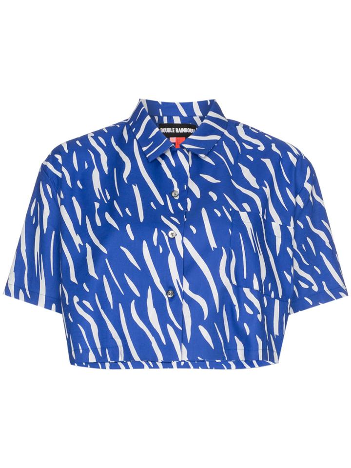 Double Rainbouu Sound Wave Printed Cropped Cotton Shirt - Blue