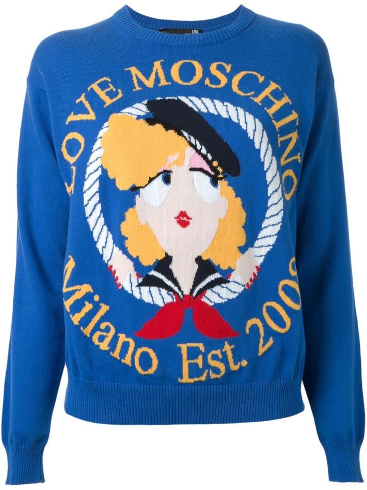 Love Moschino Front Logo Jumper, Women's, Size: 40, Blue, Cotton