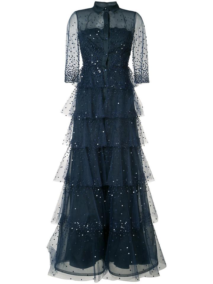 Carolina Herrera - Embroidered Tulle Trench Gown - Women - Silk/nylon - 6, Blue, Silk/nylon