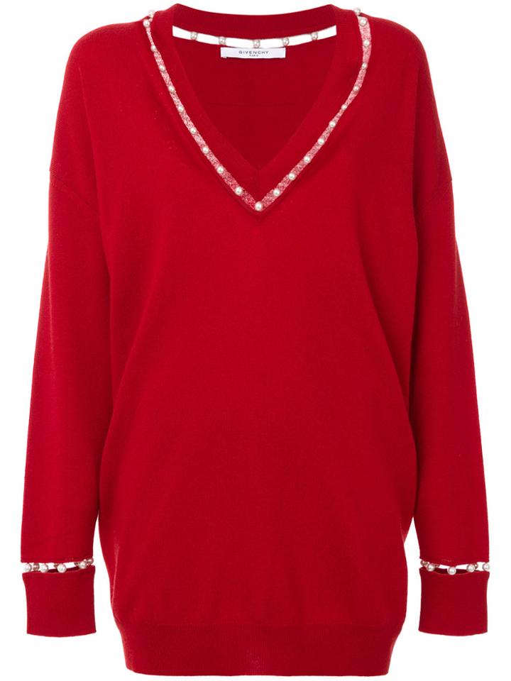 Givenchy V-neck Sweater With Pearl Trim - Red