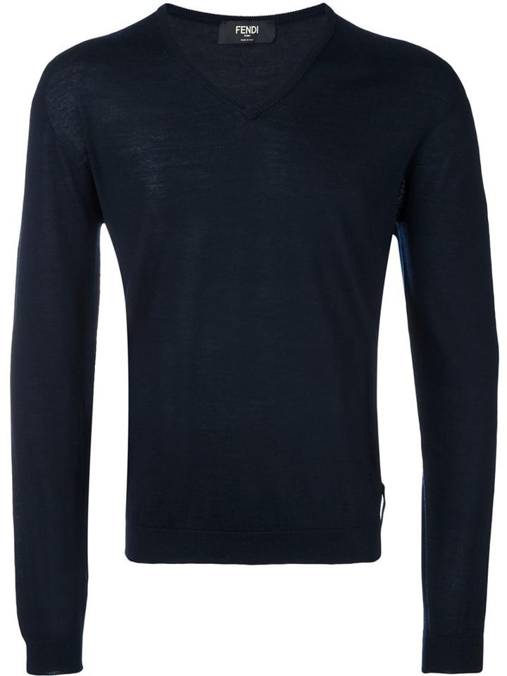 Fendi V-neck Jumper, Men's, Size: 50, Blue, Silk/cashmere/wool