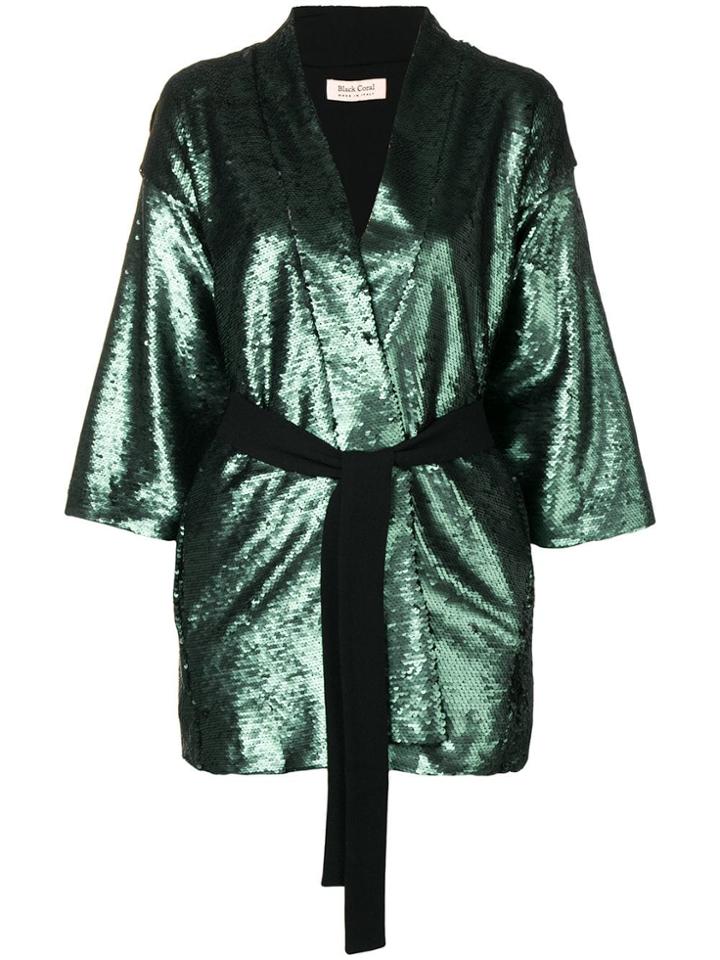 Black Coral Sequined Kimono Jacket - Green