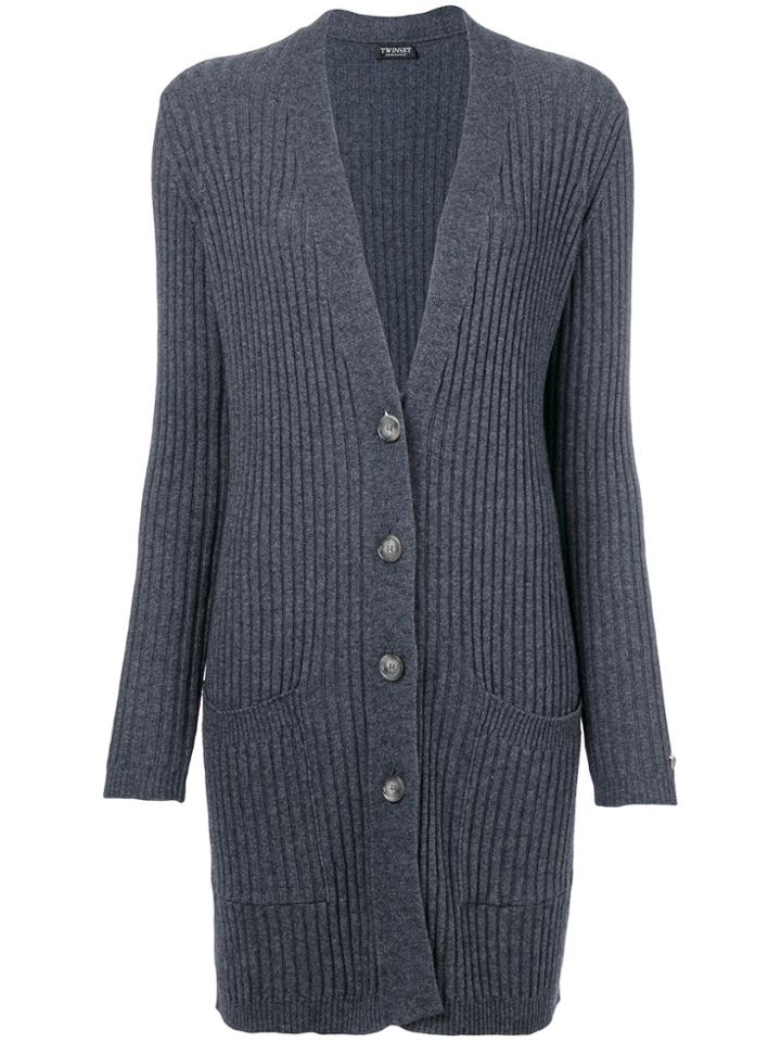 Twin-set Deep V-neck Ribbed Cardigan - Grey