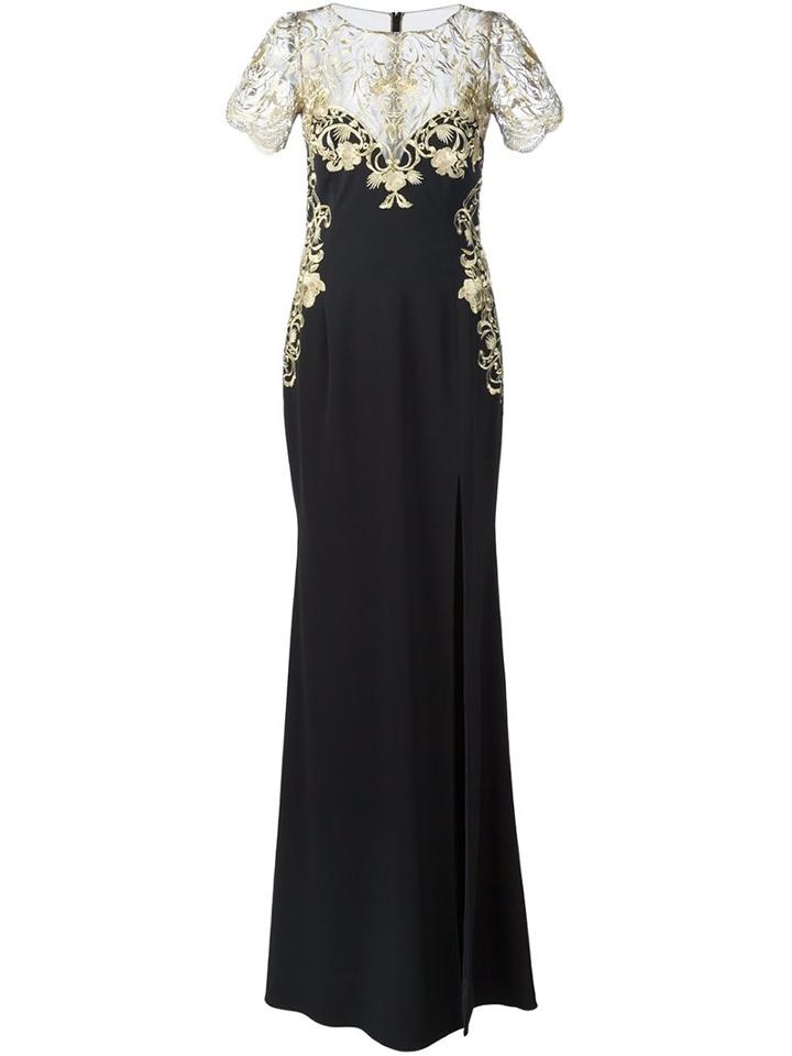 Marchesa Notte Embroidered Flower Dress, Women's, Size: 0, Black, Polyester