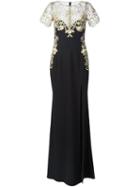 Marchesa Notte Embroidered Flower Dress, Women's, Size: 0, Black, Polyester