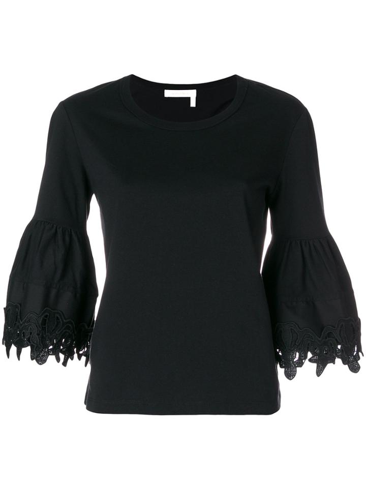 See By Chloé Open Embroidery Bell Sleeve T-shirt - Black