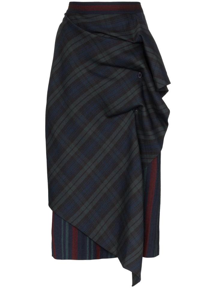 Pushbutton Check Print Draped Midi Skirt - Green