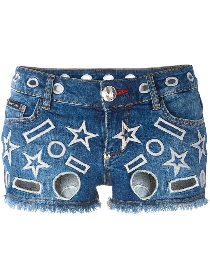 Philipp Plein Dalia Cut-out Shorts, Women's, Size: 28, Blue, Cotton/spandex/elastane