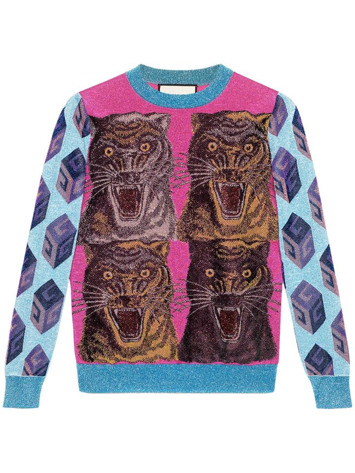 Gucci Tiger Intarsia Viscose Lurex Sweater - Pink & Purple