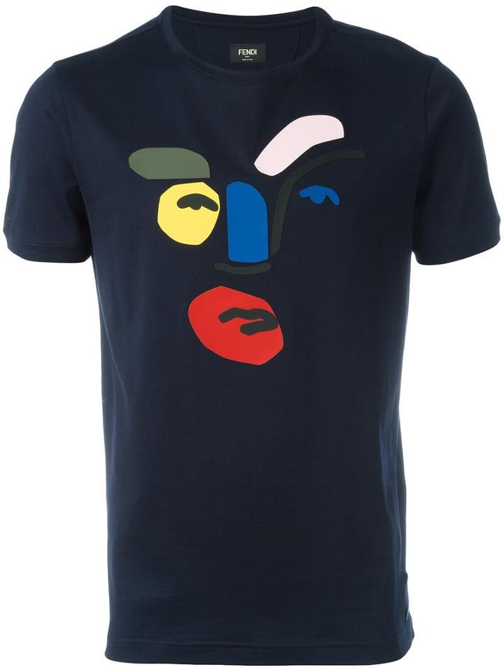 Fendi Abstract Face T-shirt, Men's, Size: 52, Blue, Cotton/polyurethane/polyester/viscose
