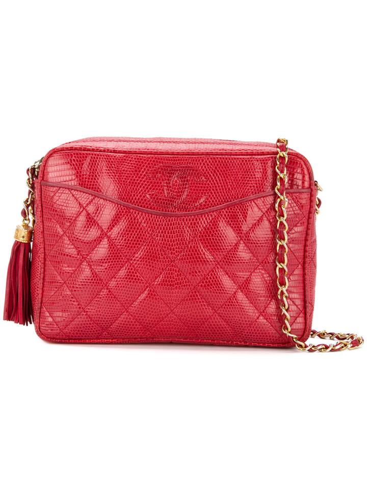 Chanel Vintage Cc Stitch Fringe Chain Bag - Red
