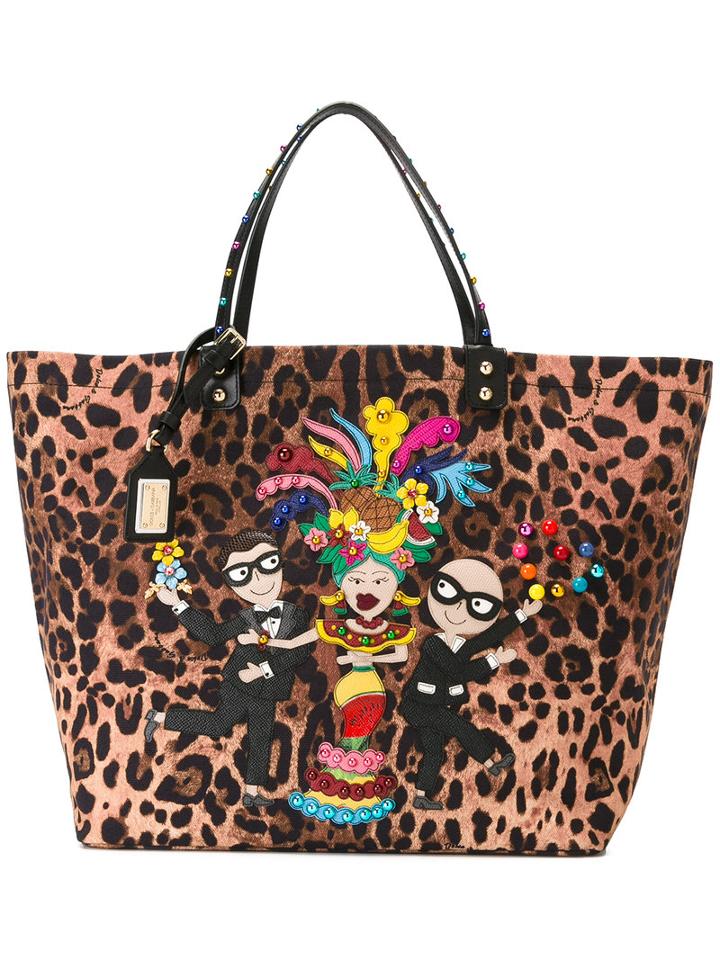Dolce & Gabbana Cartoon Patch Shopper, Women's, Brown, Cotton/calf Leather