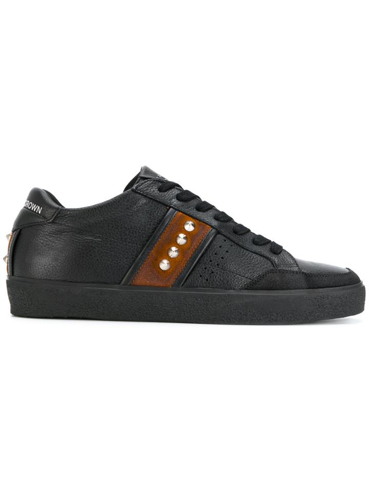 Leather Crown Studded Lace-up Sneakers - Black