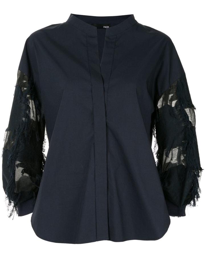 Frei Ea Mandarin Collar Sheer Panel Shirt - Blue
