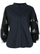 Frei Ea Mandarin Collar Sheer Panel Shirt - Blue