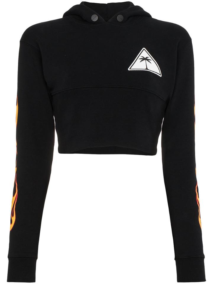 Palm Angels Flame Cropped Hoodie - Black
