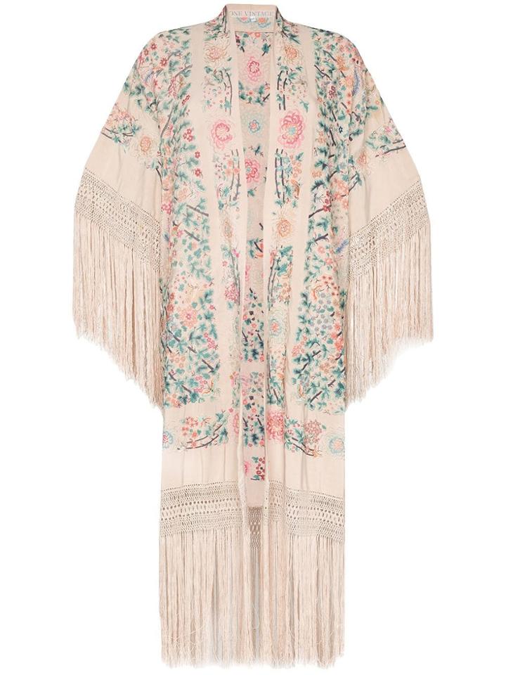 One Vintage Floral Embroidered Fringed Kimono - Multicolour