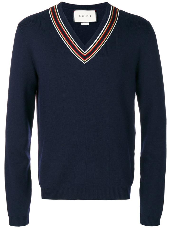 Gucci Striped Trim V-neck Jumper - Blue