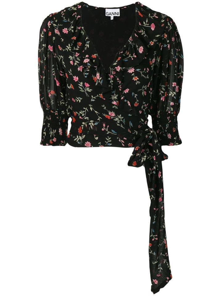 Ganni Floral Print Wrap Blouse - Black