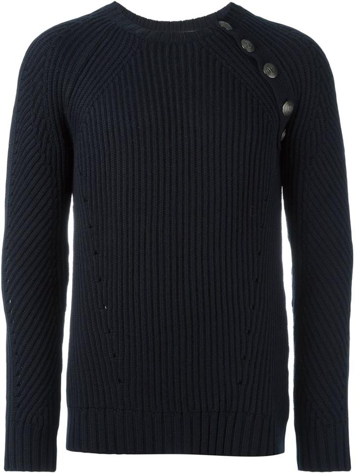 Pierre Balmain Button Detail Ribbed Sweater, Men's, Size: 54, Blue, Acrylic/wool