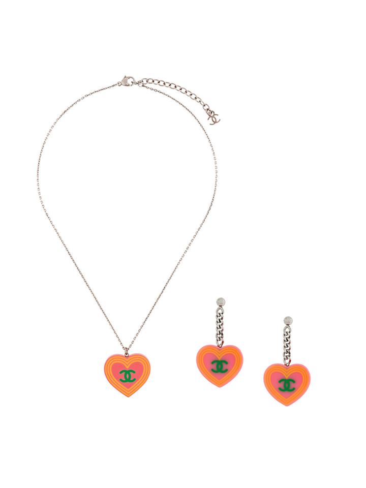 Chanel Vintage Logo Print Necklace And Earrings Set - Pink & Purple