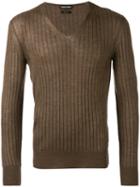 Tom Ford - Ribbed V-neck Jumper - Men - Silk/cashmere - 52, Brown, Silk/cashmere