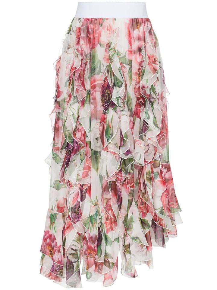 Dolce & Gabbana High Waisted Peony Print Ruffle Silk Blend Skirt -