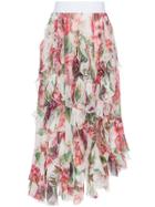 Dolce & Gabbana High Waisted Peony Print Ruffle Silk Blend Skirt -