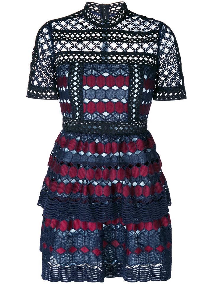 Self-portrait - Geometric Crochet Dress - Women - Polyester - 12, Blue, Polyester