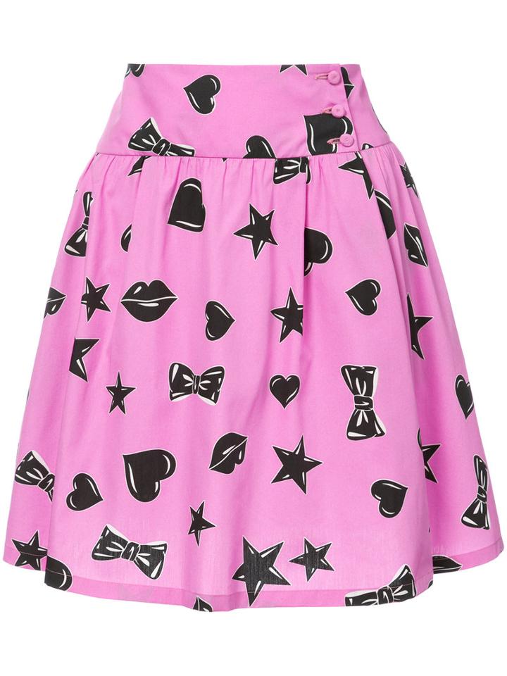 Moschino - Heart And Star Print Skater Skirt - Women - Cotton/silk - 42, Pink/purple, Cotton/silk