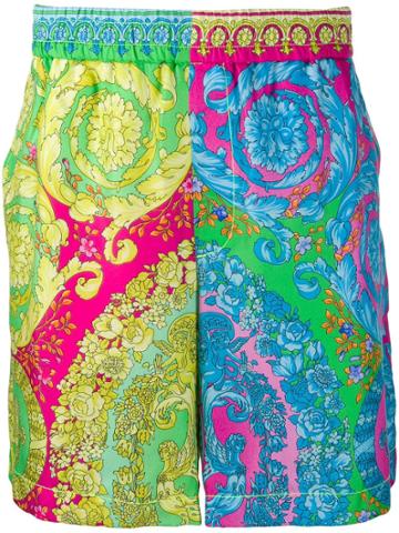 Versace Fluo Barroco Print Silk Shorts - Blue