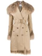 Burberry Shearling Belted Trench Coat - Neutrals