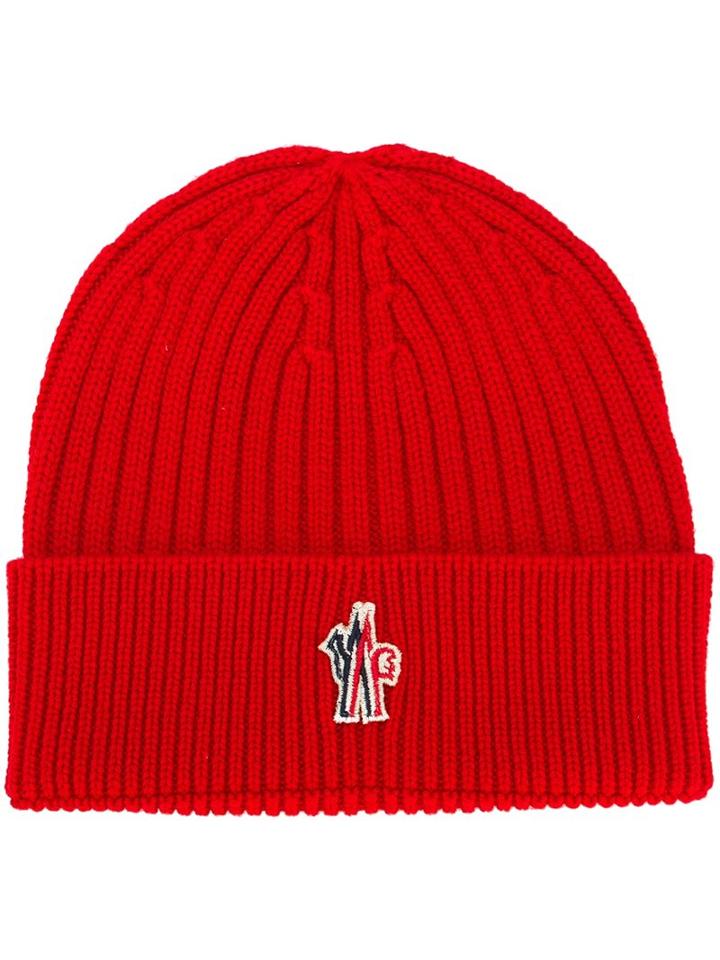 Moncler Grenoble Logo Plaque Ribbed Beanie, Men's, Red, Virgin Wool