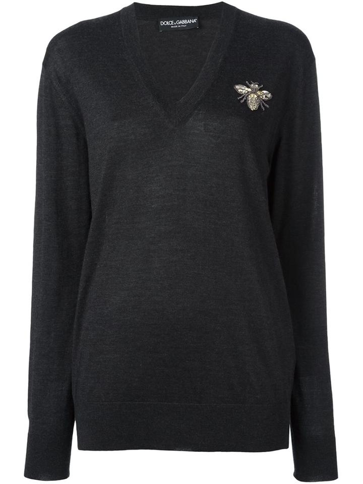 Dolce & Gabbana Embellished V-neck Sweater, Women's, Size: 46, Black, Silk/cotton/acetate/brass