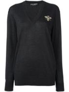 Dolce & Gabbana Embellished V-neck Sweater, Women's, Size: 46, Black, Silk/cotton/acetate/brass