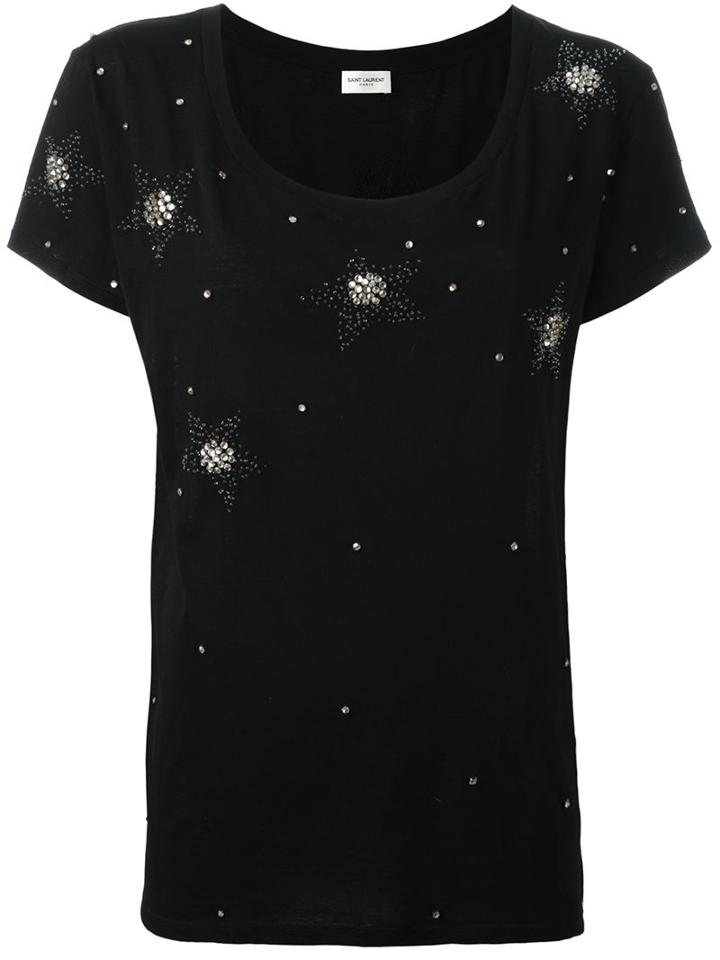 Saint Laurent Star Embellished T-shirt, Women's, Size: Xs, Black, Cotton/polyester/glass