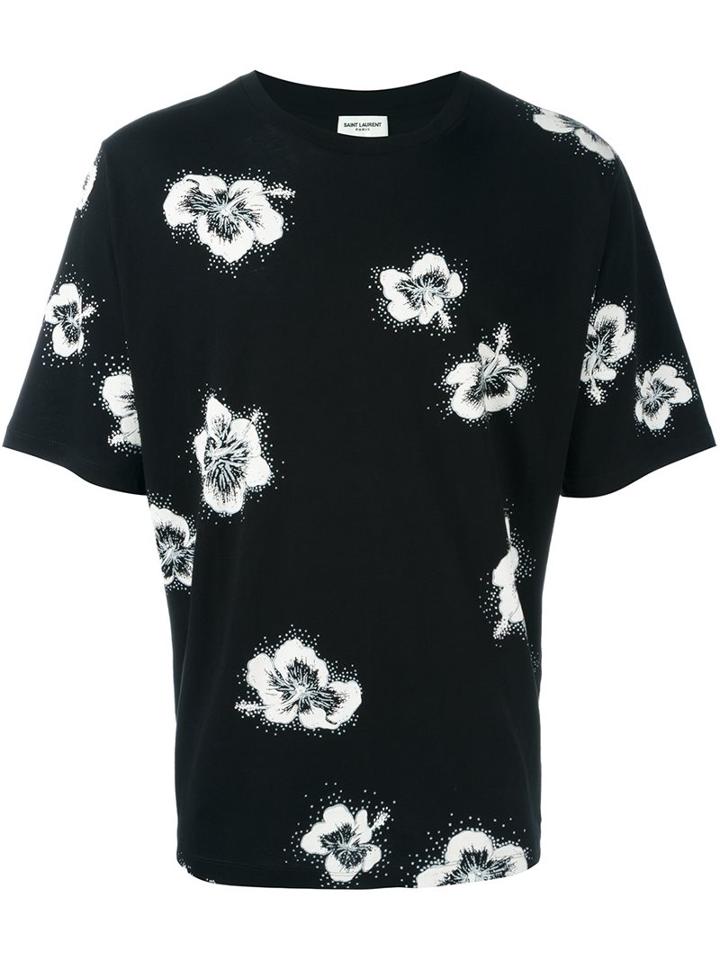 Saint Laurent Flower Print T-shirt, Men's, Size: Medium, Black, Cotton/polyester