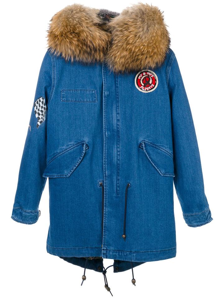 Mr & Mrs Italy - Denim Hooded Parka - Women - Cotton/fox Fur/lamb Skin/glass - Xs, Blue, Cotton/fox Fur/lamb Skin/glass