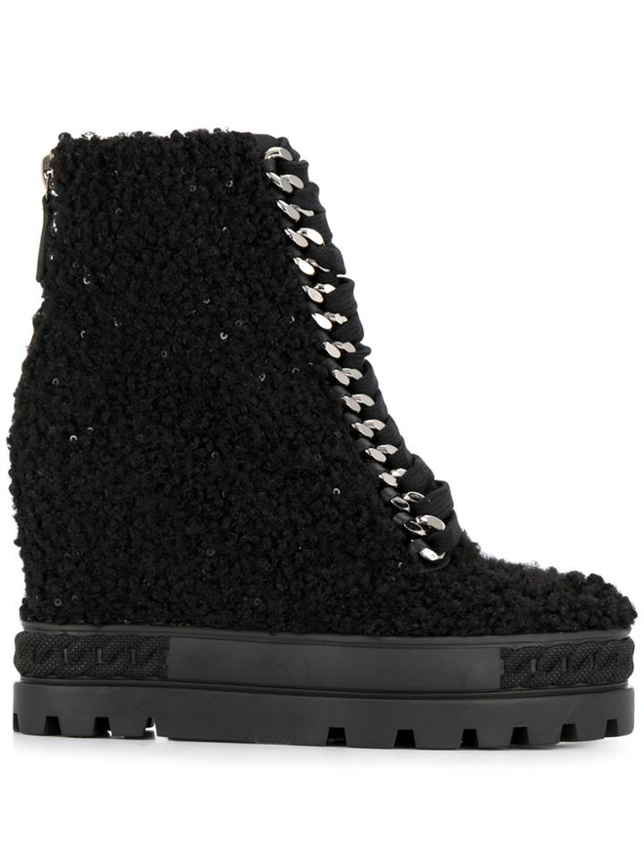 Casadei Shearling Wedge Boots - Black