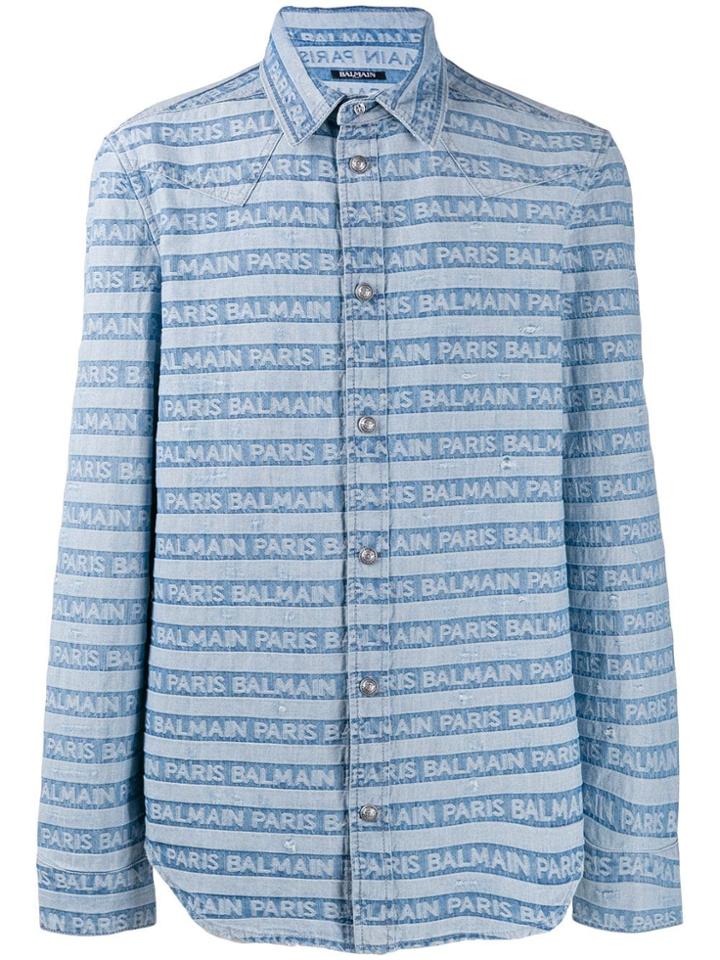 Balmain Logo Striped Western Denim Shirt - Blue